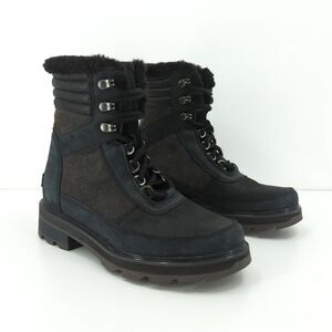 Sorel Women 7 Lennox Lace Cozy Boots Jet Black Leather Suede Waterproof Stacked